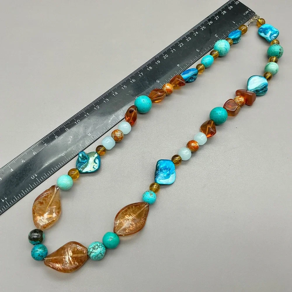 Necklace Turquoise Blue Amber Beaded Shell Gold Foil Long Boho Statement 30